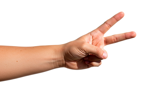 Isolated hand gesture showing peace sign or victory sign fingers pointing up symbol of positivity 100