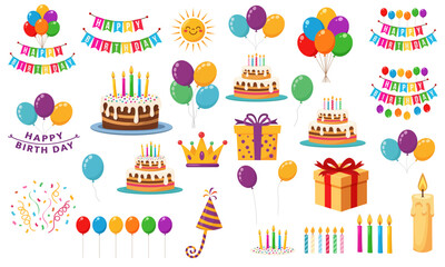 happy birthday party vector elements with cake, candles, balloons, gifts,  for celebration