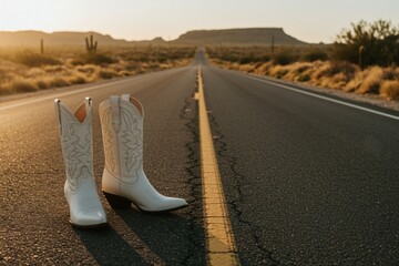 white cowboy boots western style country highway desert landscape cowgirl wall art rustic Americana sunset sunrise wild west road rodeo Texas Nashville southern mountains cactus bachelorette golden 