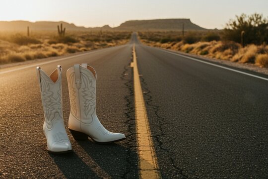 white cowboy boots western style country highway desert landscape cowgirl wall art rustic Americana sunset sunrise wild west road rodeo Texas Nashville southern mountains cactus bachelorette golden 
