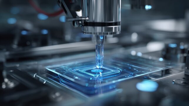 Precision engineering in semiconductor manufacturing involves a robotic arm carefully depositing niobium tin solution onto a substrate, highlighted by futuristic holographic interface projections - Powered by Adobe