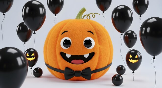 Cute Halloween Pumpkin Character with Bow Tie and Black Balloons. 3D Rendered Holiday Illustration - Powered by Adobe