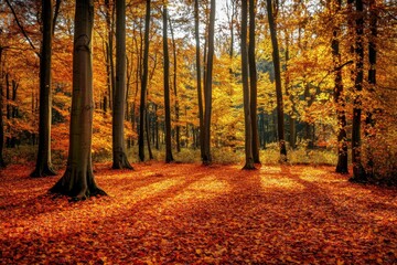 Naklejka premium Red-orange leaves blanketing autumn forest floor