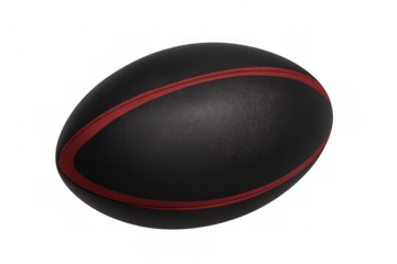 Rotating black and red rugby ball in photorealistic 3d render, highlighting sports design