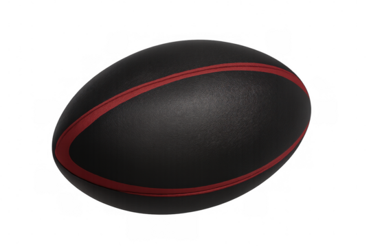 Rotating black and red rugby ball in photorealistic 3d render, highlighting sports design