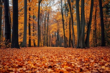 Obraz premium Forest trail covered in red and yellow fall leaves