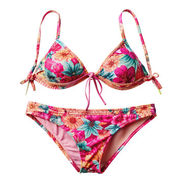 Vibrant floral print bikini set featuring a triangle top and matching low rise bottoms isolated on transparent background