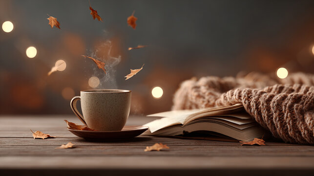 Autumn aesthetic postcard, a cup of steaming coffee on a wooden table, open book with flying paper leaves, warm orange and brown tones, soft knitted blanket, bokeh lights in the background, hygge styl