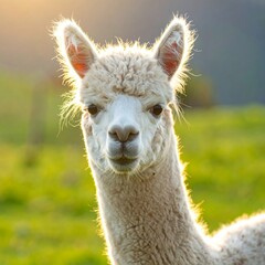 Fototapeta premium Fluffy white alpaca in sunlight