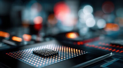 Closeup of freshly printed scintillator chips in varying sizes and thicknesses arranged on a lab bench, highlighting advanced technology in a blurred, colorful laboratory setting
