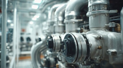 A detailed inspection of the cooling system featuring the marine heat exchanger water pumps and seawater intake strainer with pipes and valves meticulously arranged to ensure efficient