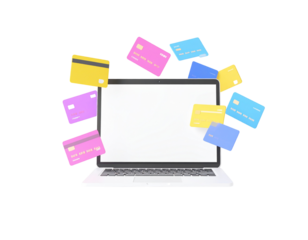 Laptop with cards floating; blank screen for online banking/shopping. Black background