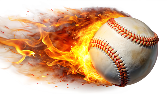 burning baseball ball flying with flames isolated on white background, png, ai generated