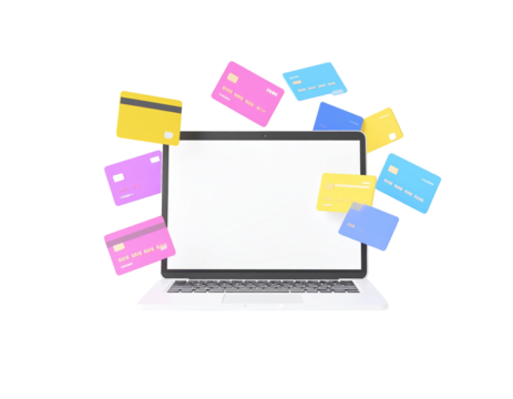 Laptop with cards floating; blank screen for online banking/shopping. Black background