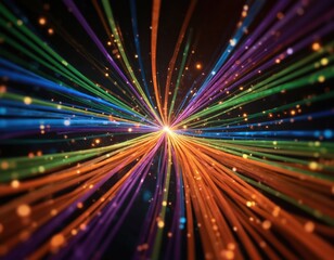 Obraz premium Abstract illustration of glowing fiber optic cables spreading from central point. Features spectrum of vibrant colors like blue, green, orange, with small particles of light, representing data