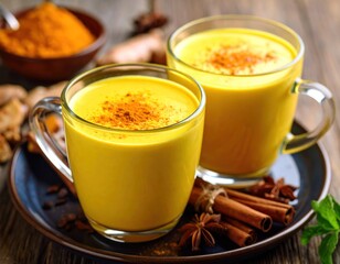 Two glasses of golden turmeric drink, garnished with spices
