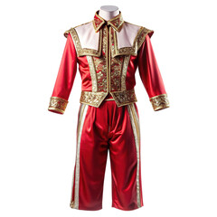 Ornate red and gold matador costume on mannequin