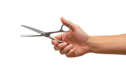 Hand holding metal craft scissors for cutting paper or fabric isolated on a dark plain surface view