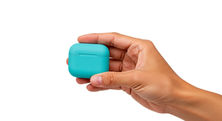 Hand holding turquoise wireless earbuds case product shot for tech gadget accessories and audio device