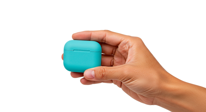 Hand holding turquoise wireless earbuds case product shot for tech gadget accessories and audio device