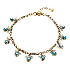 Elegant gold chain anklet with sparkling blue crystal charms and delicate floral accents isolated on transparent background