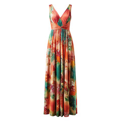 Vibrant floral print maxi dress with a flattering v neckline and flowing skirt isolated on transparent background