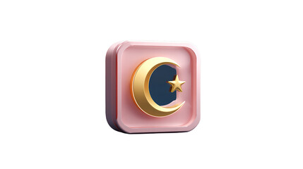 Elegant golden crescent moon and star with pink frame on transparent background