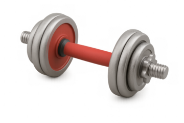 Red and silver dumbbell isolated on transparent background, representing fitness, weightlifting, and strength training