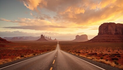 Endless desert highway stretches towards distant mesas under dramatic sky with orange clouds. Scenic route through Monument Valley offers breathtaking panorama of red rock formations, arid landscape.