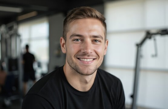 Smiling young man in black t-shirt, fitness gym background. Healthy lifestyle, gym workout, personal training. Confident, happy guy, athletic build, sports enthusiast. Represents fitness goals,