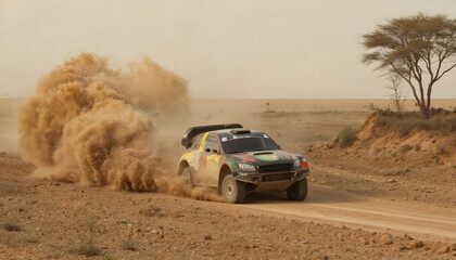 Rally racing car kicks up dust cloud on dirt road in desert landscape. Fast offroad vehicle during competition on safari in Africa or Middle East, golden hour lighting. Banner poster with copy space.
