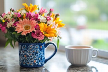 Small bouquet of bright flowers in mug