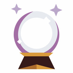 Crystal ball on wooden base with magical stars surrounding  