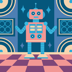 Retro robot character standing in a colorful geometric room  