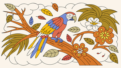 Colorful parrot perched on a branch with flowers and leaves  