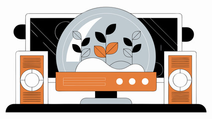 Home office decor with computer and plant in snow globe design  