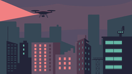 Drone flying over city skyline with modern buildings at night  