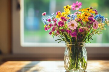 Mason jar with colorful field flowers on windowsill