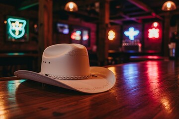 white cowboy hat western style country bar dive neon lights cowgirl wall art rustic Americana southern hat saloon southwest Stetson wild west rodeo texas nashville music nightlife bachelorette
