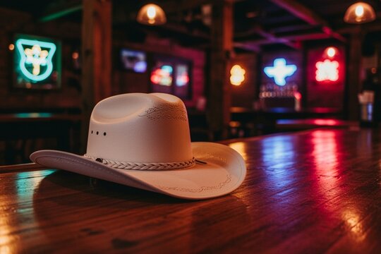 white cowboy hat western style country bar dive neon lights cowgirl wall art rustic Americana southern hat saloon southwest Stetson wild west rodeo texas nashville music nightlife bachelorette