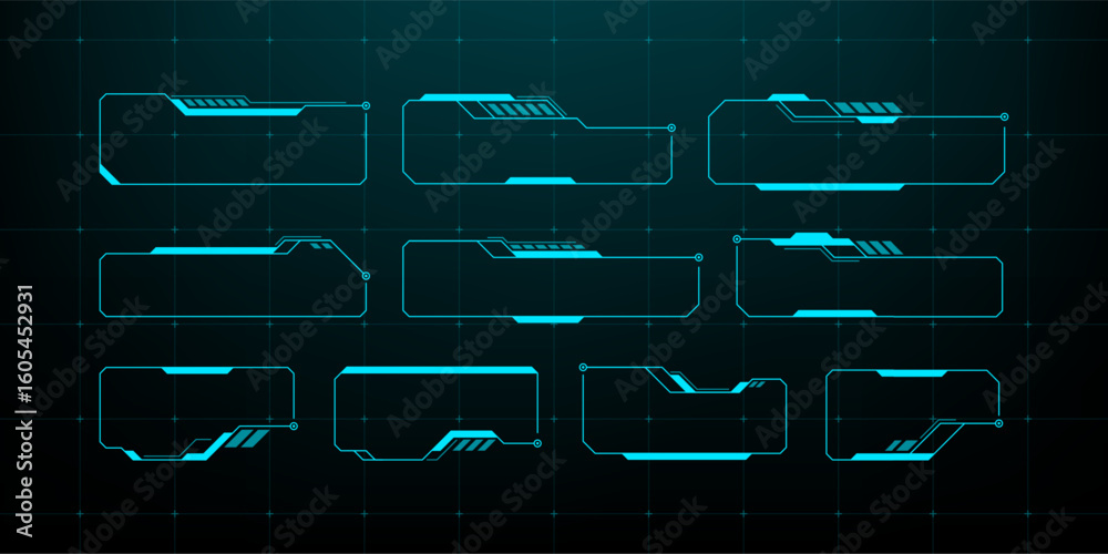 Poster Set of blue futuristic hud frames. Digital hi tech border elements for ui design. Modern gui template for game interface concept.