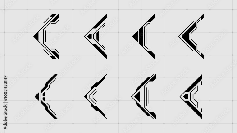 Poster Set of black hud arrows vector elements. Futuristic interface design components. Digital sci-fi gui concept for user interface.