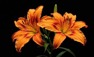 Vibrant orange lily with dark speckles against black background. Detailed close-up macro view of petal texture, botanical details. Bright, high-colored flower bloom perfect for floral design, nature,
