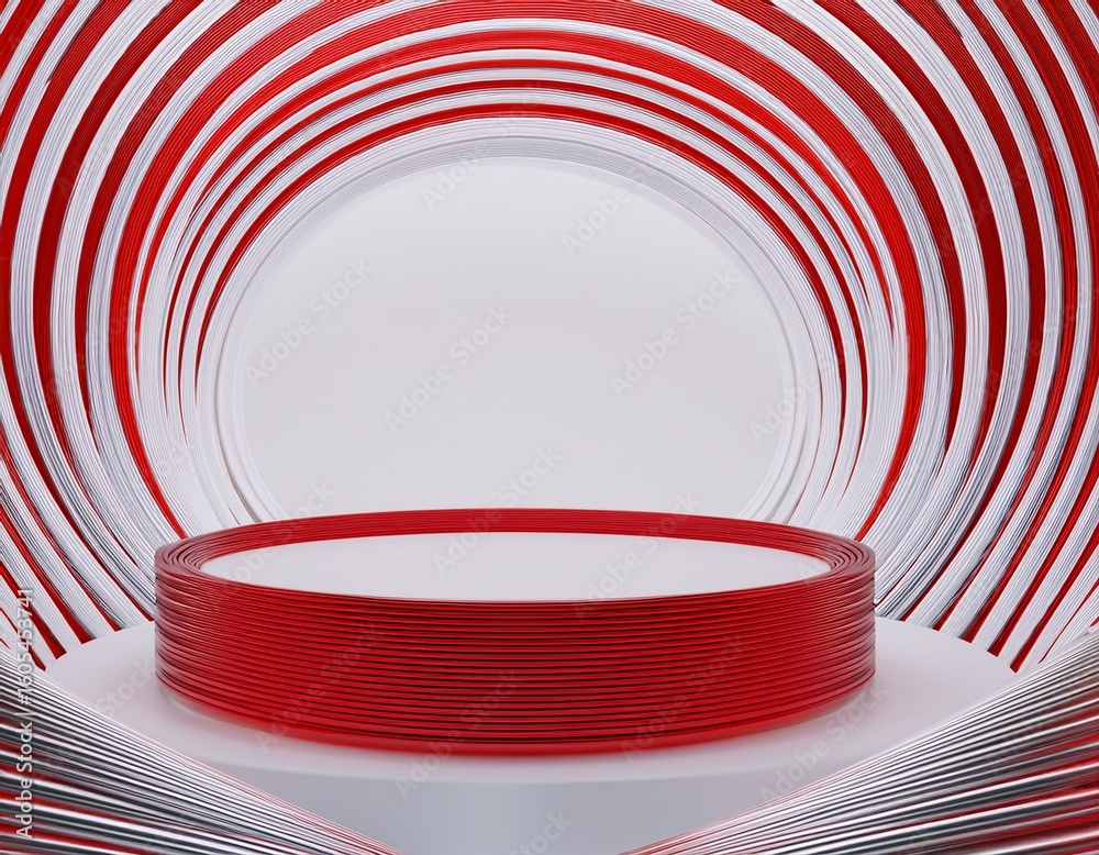 Fototapete white abstract stage mockup red metallic round podium sleek white lines as dynamic spiral pattern on
