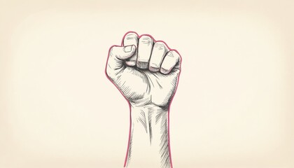 Sketch illustration of raised fist with pink outline female empowerment, solidarity, activism. Powerful symbol represents leadership, courage, fight for justice, change. Use expressive artwork for