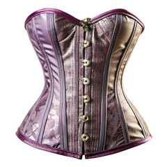 Ornate victorian style brocade corset with metallic gold and purple hues featuring front lacing and boning isolated on transparent background