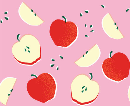 Red apple seamless vector pattern featuring whole fruit, halves, and wedges on a pink background. Great for textile prints, food packaging, and fruity-themed designs.