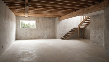 Unfinished basement room with raw concrete walls, exposed wooden beams, wooden staircase. Natural light streams through window, offering glimpse of trees outside. Space perfect for renovation
