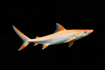 Albino red-fin, scientifically known as Epalzeorhynchos frenatum, swims against stark black background. Unique aquatic creature features vibrant orange fins, predominantly white body, unusual