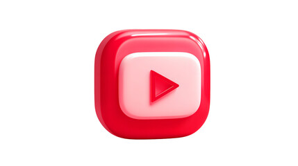Glossy 3D YouTube play button icon with red and white colors on transparent background